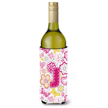 Letter J Bloemen en vlinders Roze wijnfles Drankisolator Hugger CJ2005-JLITERK