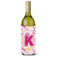 Letter K Bloemen en vlinders Roze wijnfles Drankisolator Hugger CJ2005-KLITERK