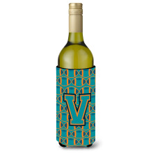 """"Letter V Voetbal Aqua Oranje en Marineblauw Wijnfles Drankisolator Hugger CJ1063-VLITERK""""