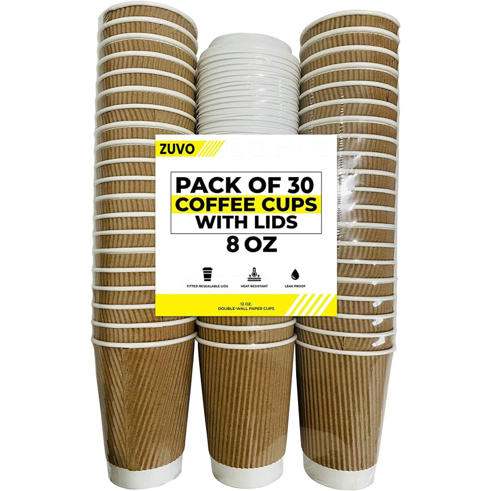 Zuvo Ripple Takeaway Paper Coffee Cups With Lids [30 Cups - 8 Oz] Best For Hot Drinks, Brown