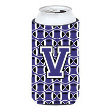 Letter V Voetbal Paars en Wit Tall Boy Beverage Isolator Hugger CJ1068-VTBC