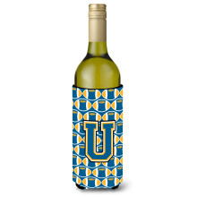 Letter U Voetbal Blauw en Goud Wijnfles Drankisolator Hugger CJ1077-ULITERK