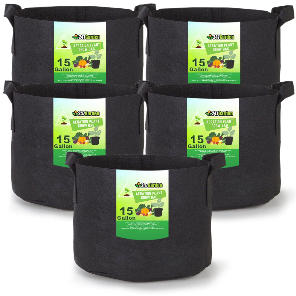 247Garden Lot de 5 pots/sacs de culture en tissu a   r    de 15 gallons avec poign   es 260 g/m    Noir 14,5 H x 17 P