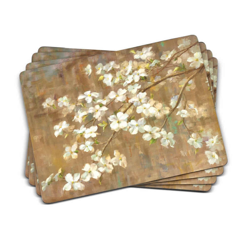 Pimpernel Dogwood In Spring Collection Placemats | Set Of 4 | Heat Resistant Mats | Cork-Backed Board | Hard Placemat Set For Dining Table | Measures