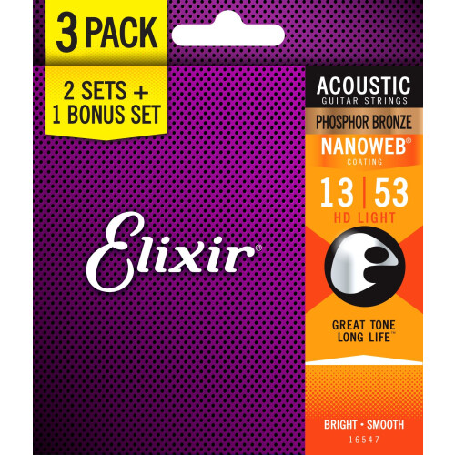 Elixir Strings 16547 Acoustic Phosphor Bronz Gitrhrok NANOWEB bevonattal, 3 Pack HD Light (.013-.053)