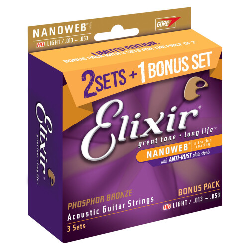 Elixir Strings 16547 Acoustic Phosphor Bronz Gitrhrok NANOWEB bevonattal, 3 Pack HD Light (.013-.053) 1