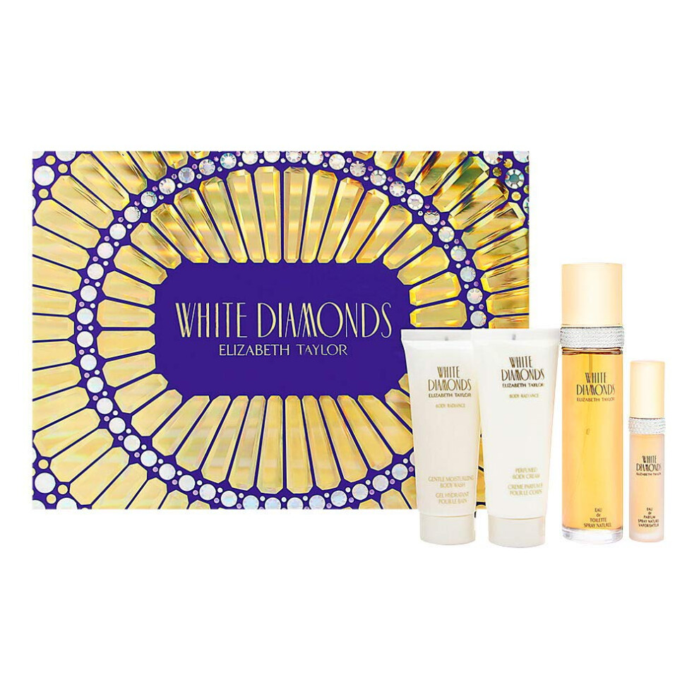 White Diamonds by Elizabeth Taylor for Women - 4 Pc Gift Set 3.3oz EDT Spray  3.3oz Gentle Moisturizing Body Wash  3.3oz Perfumed Body Lotion  10ml ED