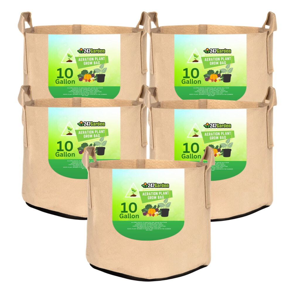 247Garden Lot de 5 pots/sacs de culture en tissu a   r    de 10 gallons avec poign   es 260 g/m    Beige avec base noire 13 H x 15 P