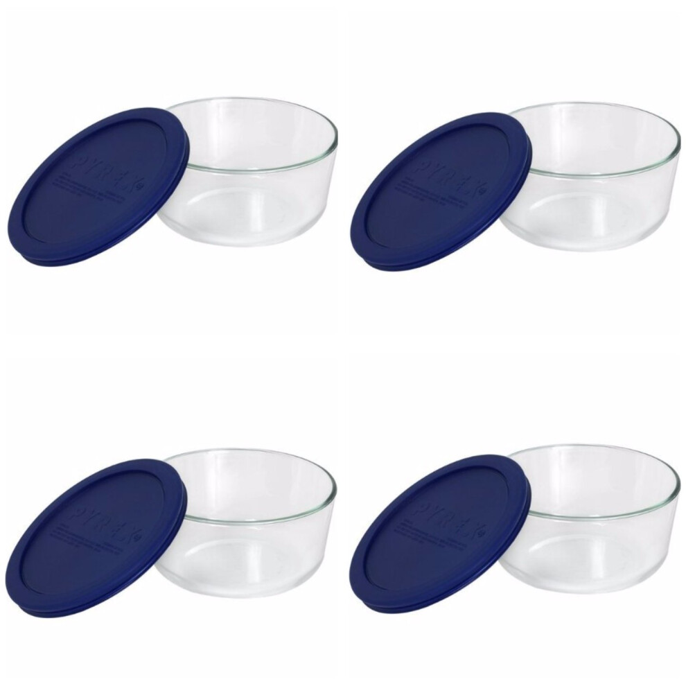 Pyrex Storage Plus 7-cup Round Glass Food Storage Dish Blue Plastic Covers Pack of 4 Containers Made in the USA