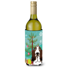 Caroline's Treasures Christmas Tree and Basset Hound Wine Bottle Koozie Hugger 750 ml Multicolor