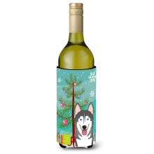 Caroline's Treasures Christmas Tree and Alaskan Malamute Wine Bottle Koozie Hugger 750 ml Multicolor