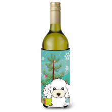 Caroline's Treasures Christmas Tree and White Poodle Wine Bottle Koozie Hugger 750 ml Multicolor