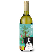 Caroline's Treasures Christmas Tree and Border Collie Wine Bottle Koozie Hugger 750 ml Multicolor