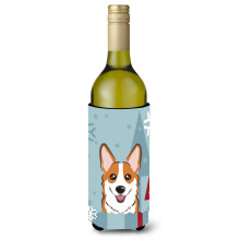 Caroline's Treasures Winter Holiday Red Corgi Wine Bottle Koozie Hugger 750 ml Multicolor