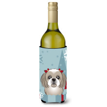 Caroline's Treasures Winter Holiday Gray Silver Shih Tzu Wine Bottle Koozie Hugger 750 ml Multicolor