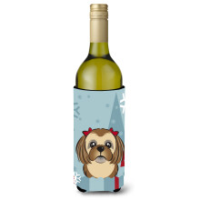 Caroline's Treasures Winter Holiday Chocolate Brown Shih Tzu Wine Bottle Koozie Hugger 750 ml Multicolor
