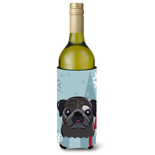 Caroline's Treasures Winter Holiday Black Pug Wine Bottle Koozie Hugger 750 ml Multicolor