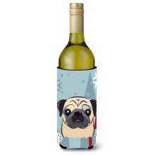 Caroline's Treasures Winter Holiday Fawn Pug Wine Bottle Koozie Hugger 750 ml Multicolor