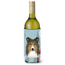Caroline's Treasures Winter Holiday Sheltie Wine Bottle Koozie Hugger 750 ml Multicolor