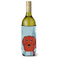 Caroline's Treasures Winter Holiday Longhair Red Dachshund Wine Bottle Koozie Hugger 750 ml Multicolor