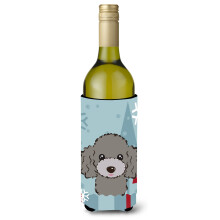 Caroline's Treasures Winter Holiday Silver Gray Poodle Wine Bottle Koozie Hugger 750 ml Multicolor