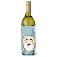 Caroline's Treasures Winter Holiday Longhair Creme Dachshund Wine Bottle Koozie Hugger 750 ml Multicolor