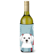 Caroline's Treasures Winter Holiday Maltese Wine Bottle Koozie Hugger 750 ml Multicolor