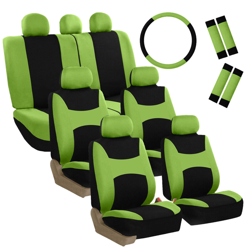 Fh Group Automotive Seat Covers & Breezy Flat Cloth Three Row Set Combo Steering Wheel Cover & Seat Belt Pads Airbag And Split Rear Unive Light/Green 196342009679
