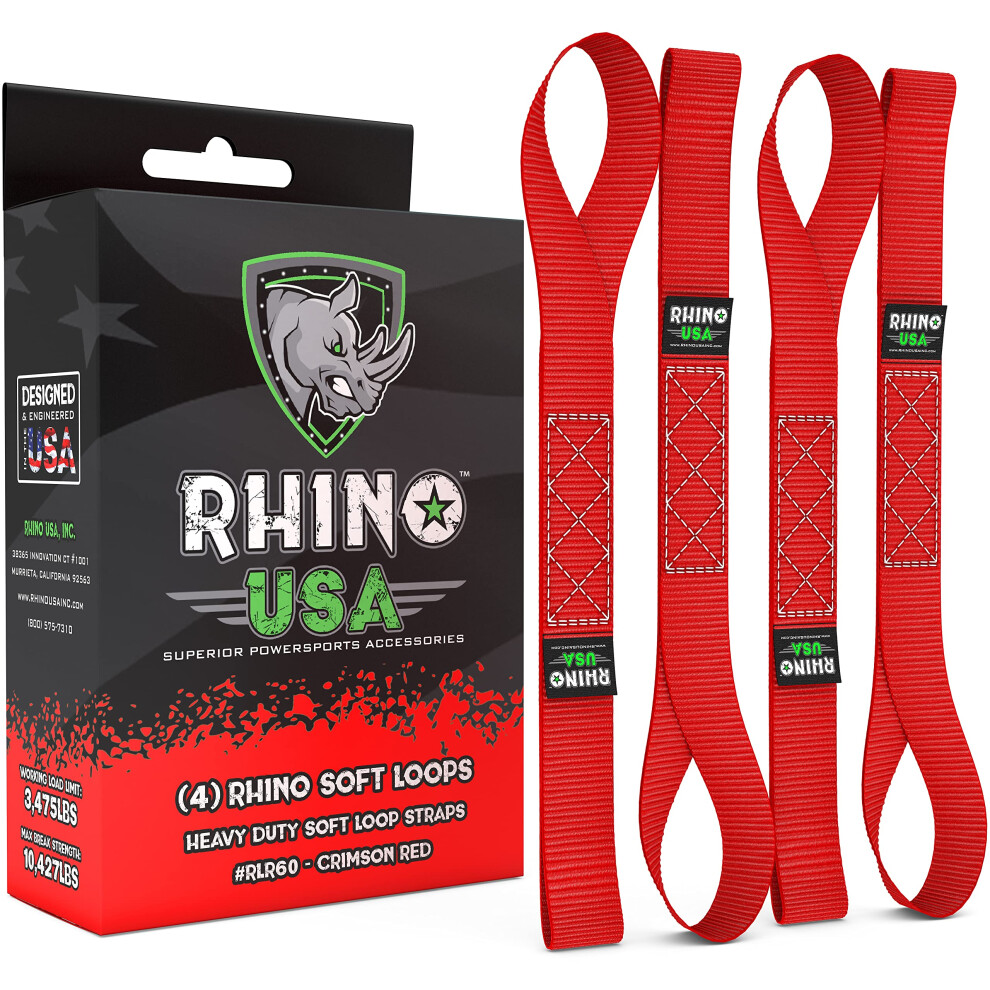 Rhino USA Soft Loop Motorcycle Tie-Down Straps 4PK - 10 427lb Max Break Strength 1.7 x 17 Heavy-Duty Tie Downs for use w/Ratchet Strap Red 4-Pack