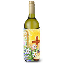 Caroline's Treasures Easter Cross and Bible In Stain Glass Window Wine Bottle Koozie Hugger 750ml Multicolor