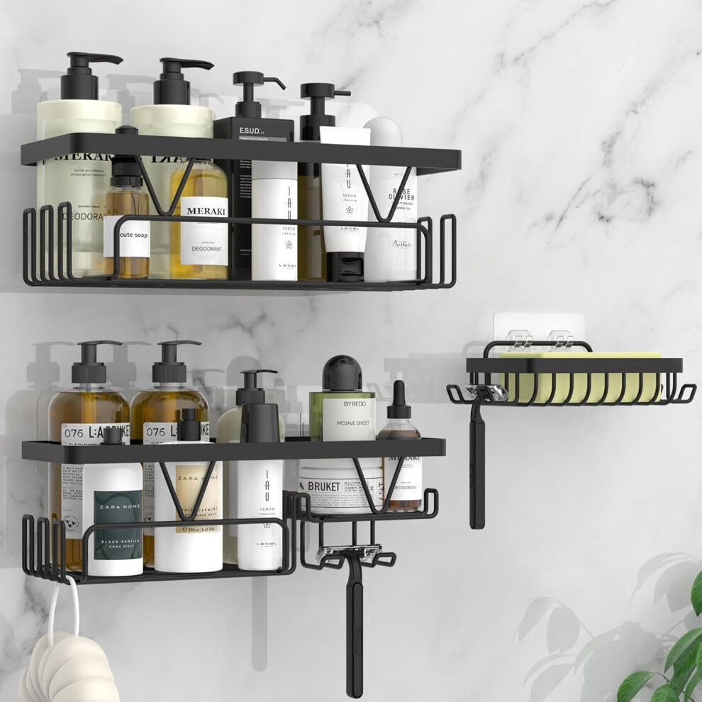 KEGII Shower Caddy, Bathroom Shelf Organiser No Drilling, Adhesive Shower Storage Rack with Soap Razor Holder,Black, 3 Pack