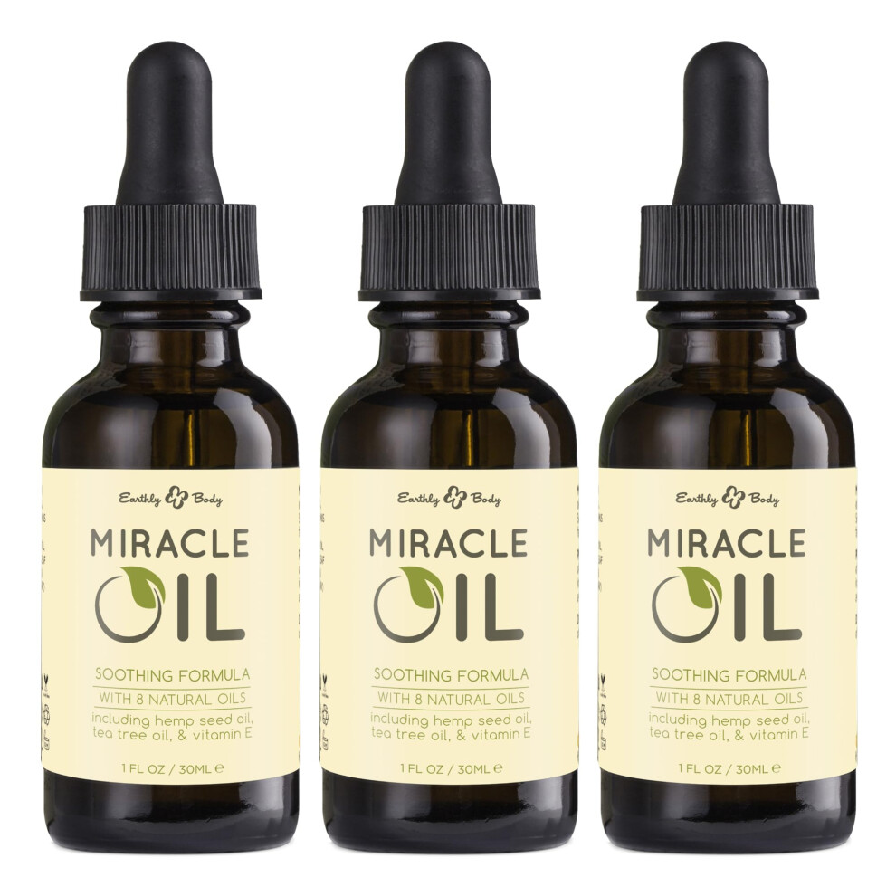Earthly Body Miracle Oil 1 Fl. Oz. - 3 Pack - 100% Natural Tea Tree Oil Hemp Seed Oil & Vitamin E - Moisturizer Calms Skin Irritations Helps Smoot