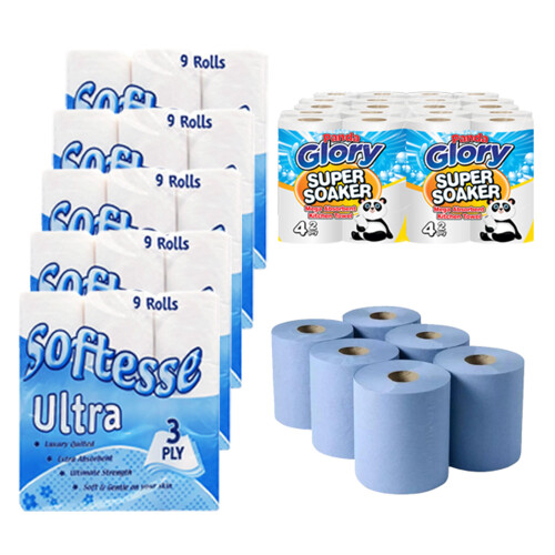 MEGA TISSUE ROLLS BUNDLE 45 x Toilet 3ply 24 x Kitchen 6 x Blue Rolls 1