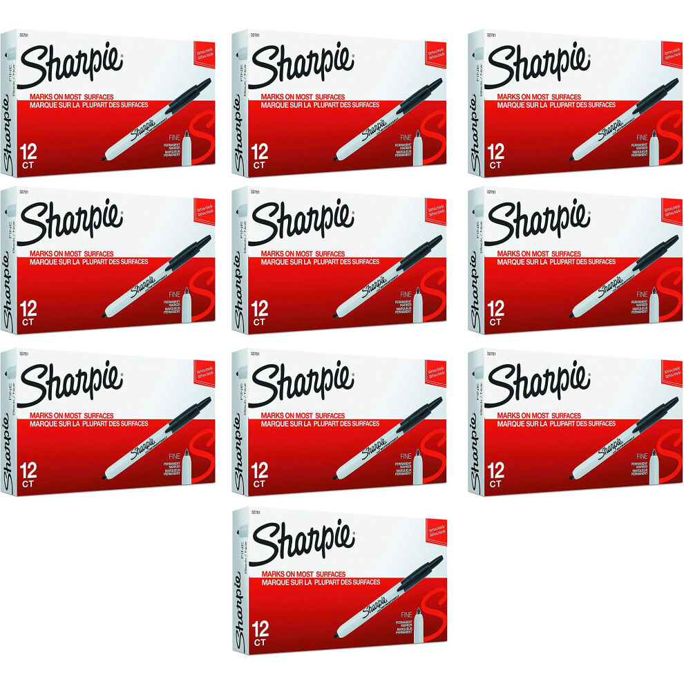 Sharpie 32701 Retractable Permanent Markers  Fine Point  Black  120 Count 10 Boxes of 12 Markers each Box