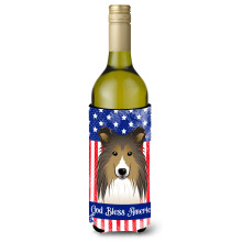 Caroline's Treasures BB2172LITERK """"""""Niech Bg blogoslawi amerykanska flage z sheltie""""""""Uchwyt na butelke wina Koozie 750ml wielokolorowy""""