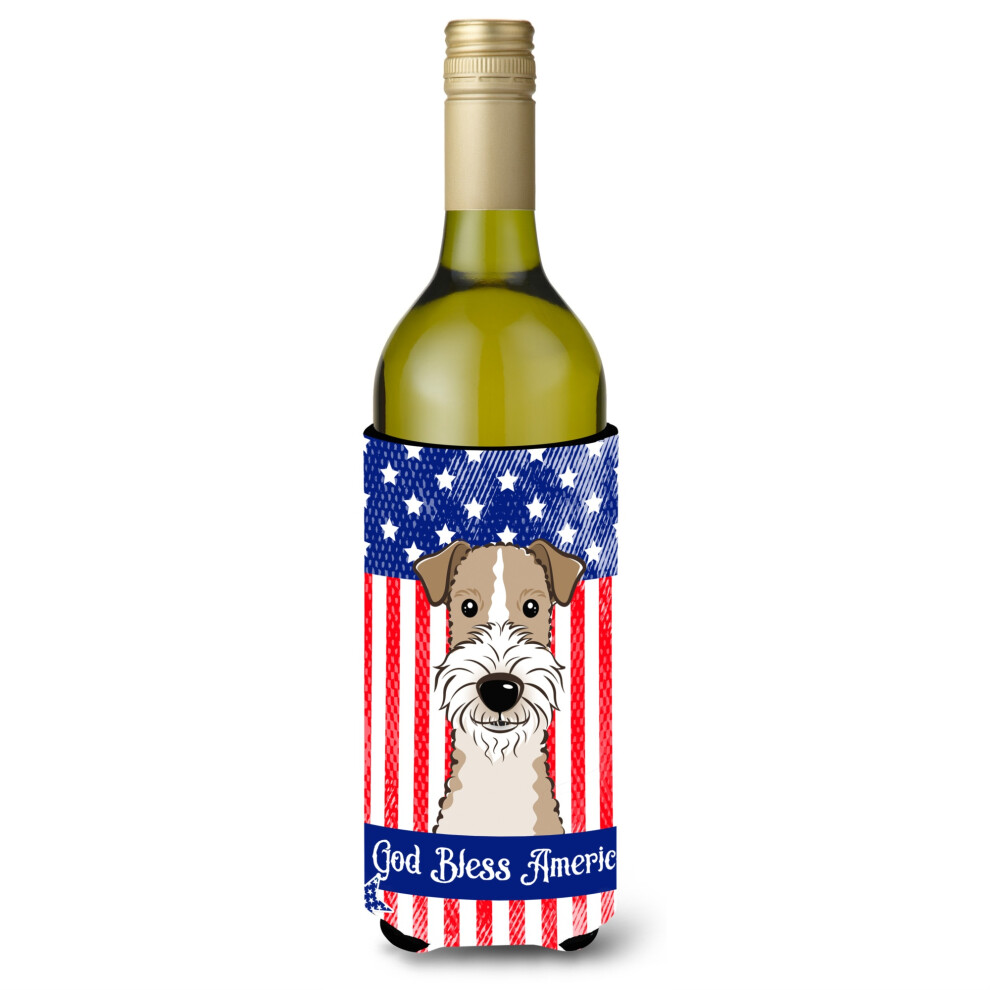 ""Caroline's Treasures BB2177LITERK"" God Bless Amerikaanse Vlag Met Ruwharige Foxterri R "" Wijnfles Hugger Koozie 750Ml Multicolor-image