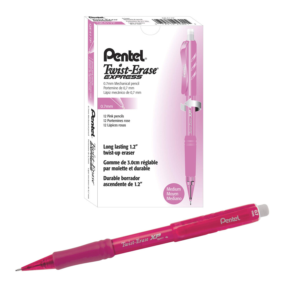 Pentel Twist-Erase Express Mechanical Pencil 0.7Mm Pink Barrel Box Of 12 Qe417p