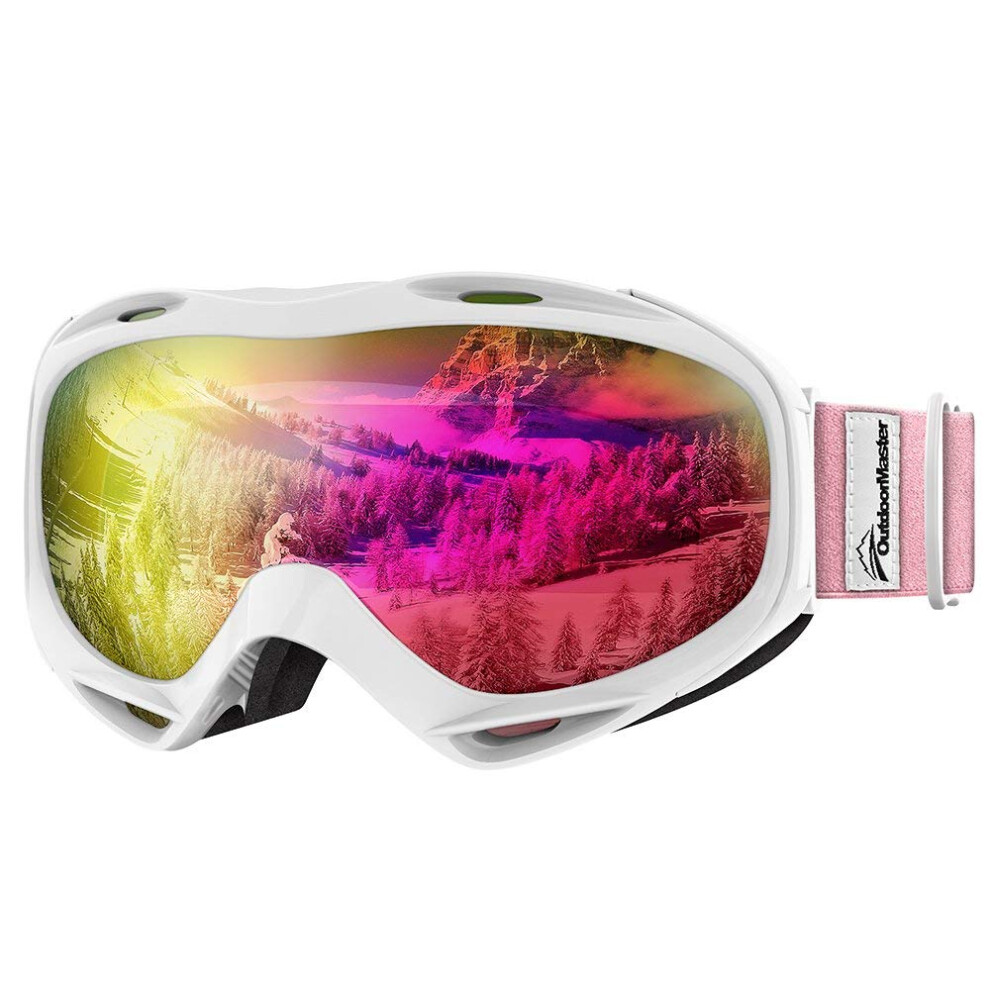 OutdoorMaster OTG Ski Goggles - Over Glasses Ski/Snowboard Goggles for Men Women & Youth - 100% UV Protection White Frame + VLT 13.5% Pink Lens with