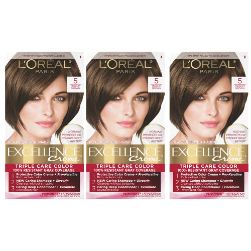 L’Oréal Paris L'Oreal Paris Excellence Creme Μόνιμο Χρώμα Μαλλιών, 5 Μεσαίο Καφέ, 100% Κάλυψη Γκρίζων, Πακέτο 3