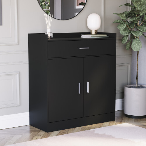 (Black) Dalby 2 Door 1 Drawer Shoe Cabinet Hallway Storage