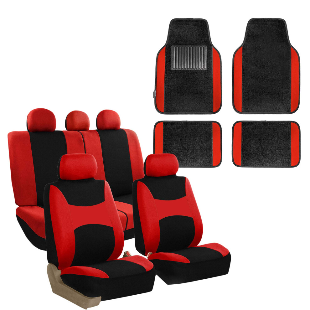 Fh Group & Breezy Cloth Seat Full Car Seat Covers Airbag & Split Ready With Carpet Floor Mats- Universal Car Truck Suv Or Van / Fb030 Light/Red/Black 196342030512