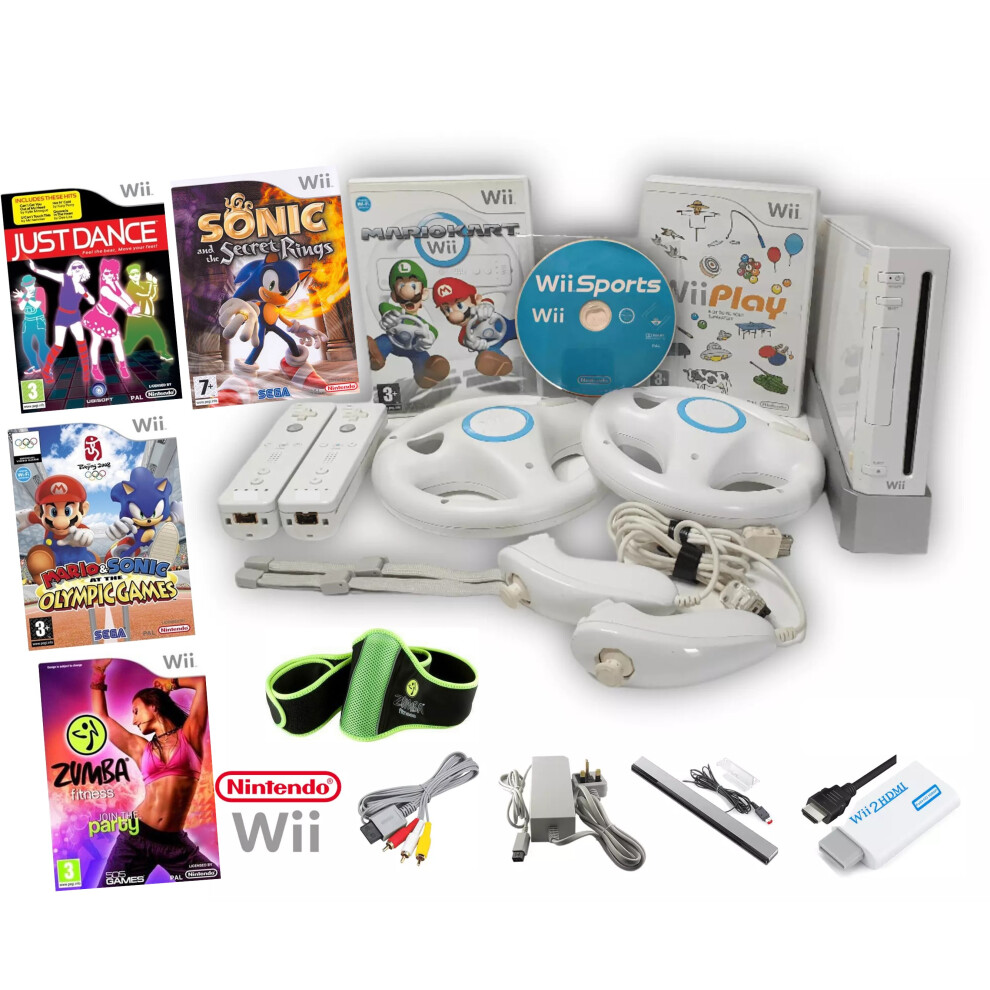 Nintendo Wii Sports Console 2 Remotes Nunchuks Wheels Play Mario Kart Sonic Olympic Zumba Just Dances