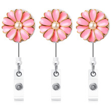 Suporte Retrátil para Crachá Qinsuee, Reel ID com Pérola, Pacote com 3 (Rosa)