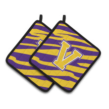 Caroline's Treasures CJ1022-VPTHD Letter V Monogram with Tiger Stripes Pot Holders 1 Pair 7.5 x 7.5 Purple/Gold