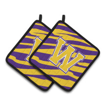 Caroline's Treasures CJ1022-WPTHD Letter W Monogram with Tiger Stripes Pot Holders 1 Pair 7.5 x 7.5 Purple/Gold