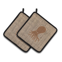 Caroline's Treasures BB1098-BL-BN-PTHD Octopus Faux Pot Holders 1 Pair 7.5 x 7.5 Burlap/Brown