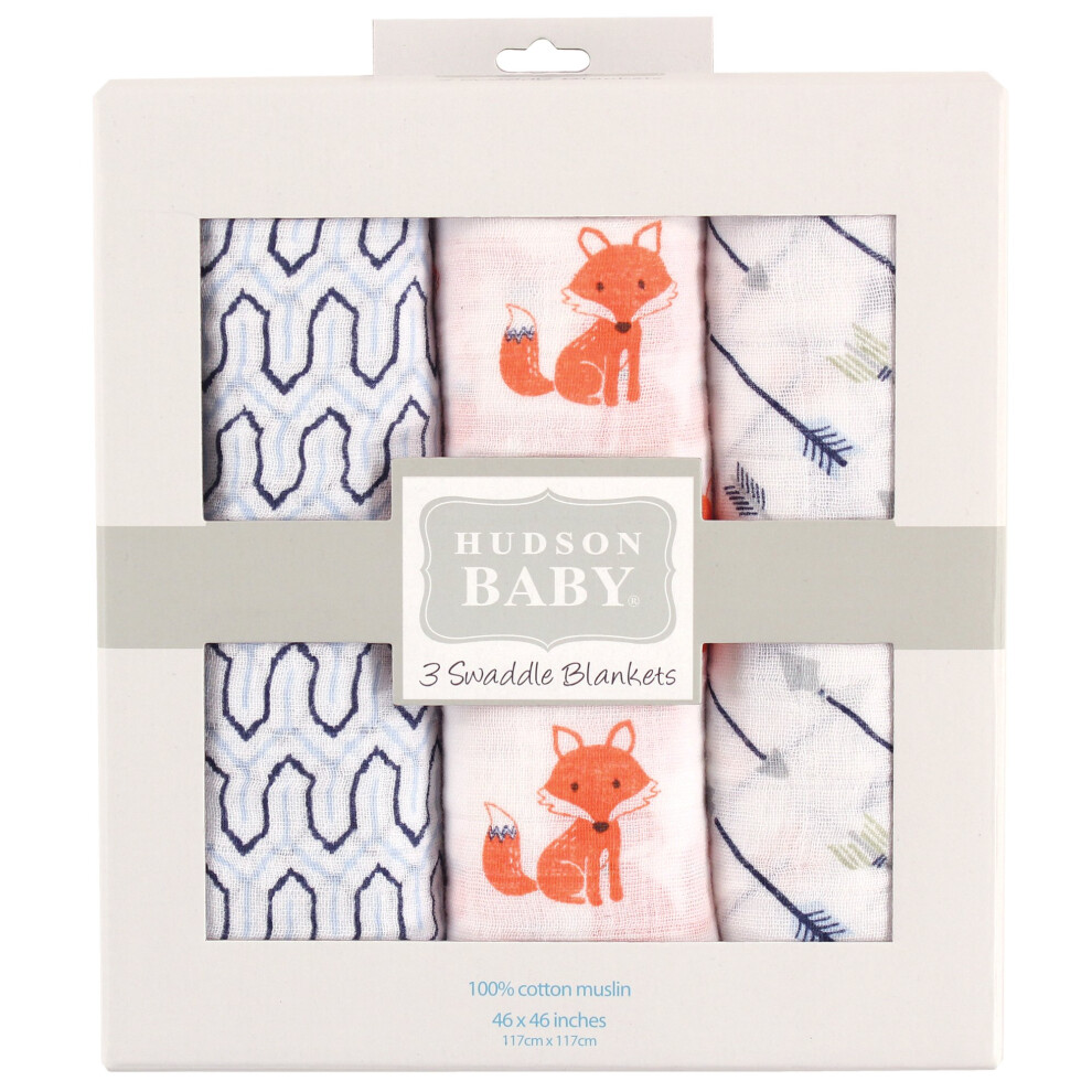 Couvertures d'emmaillotage unisexes en mousseline de coton Hudson Baby, motif renards, lot de 3