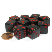 Zestaw 10 kostek szesciosciennych, kwadratowych, nieprzezroczystych 16 mm D6  czarnych z czerwona koncσwka od Koplow Games