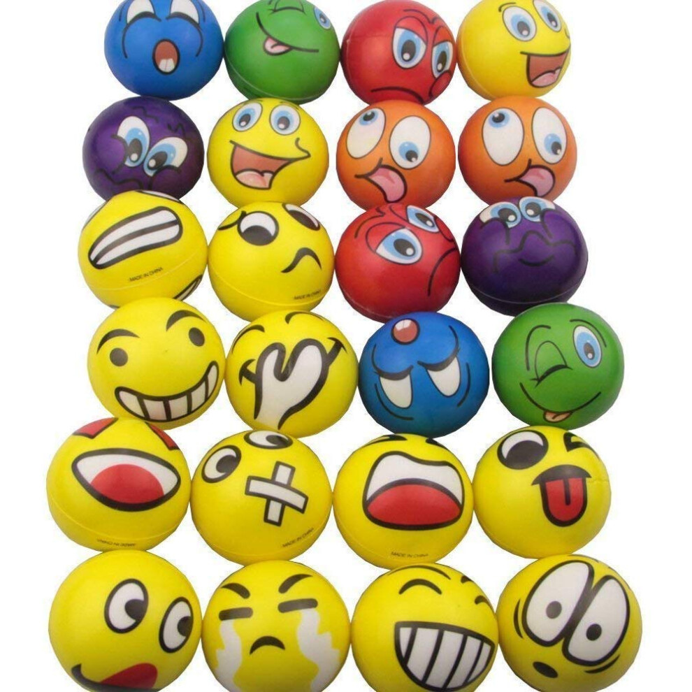 Mydio Lot de 24 balles anti-stress en PU souple Couleurs assorties Motif al   atoire Jouets de f   te Balle de jeu pour enfants Balle de tente Balle