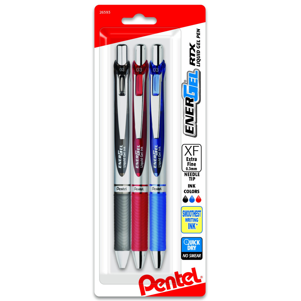 Pentel Energel Rtx Retractable Liquid Gel Pen 0.3Mm Needle Tip Extra Fine Line Assorted Ink 3-Pk Bln73bp3m